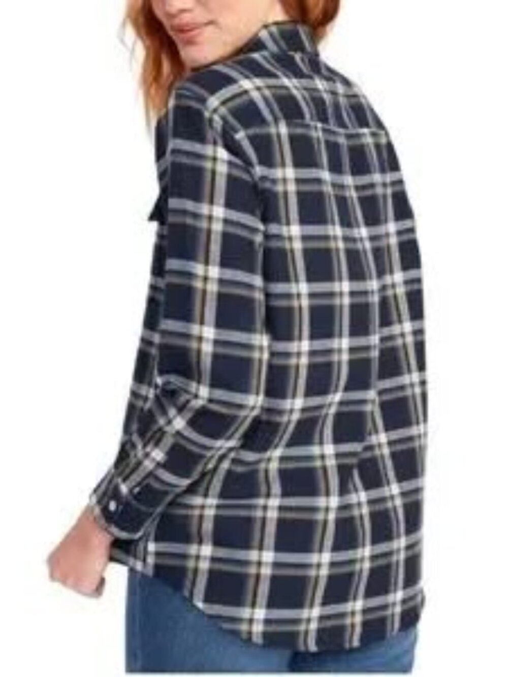 OLD NAVY I NWT Flannel Boyfriend Tunic Shirt, Navy Plaid - Picture 2 of 7